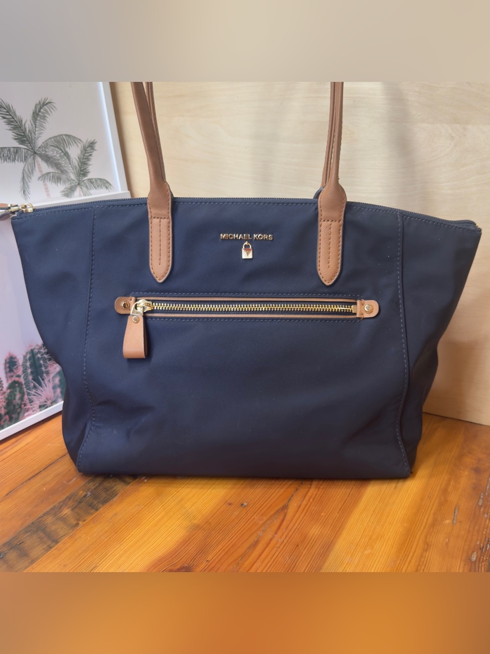 Michael Kors Navy Tote with Tan Leather Handles